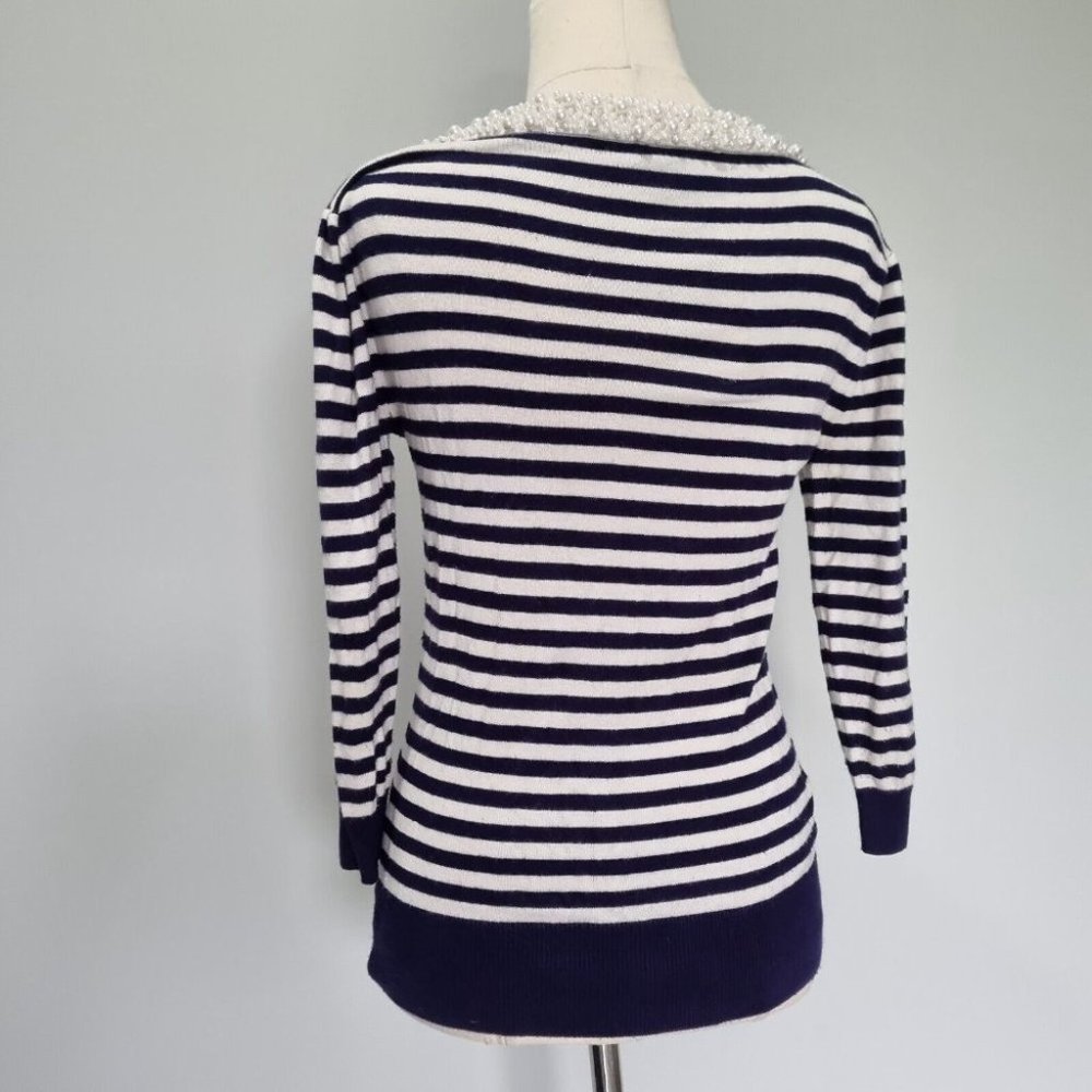 Review Blue & White Stripe Beaded Scoop Neck 3/4 Sleeve Jumper Size XS - Picture 4 of 7